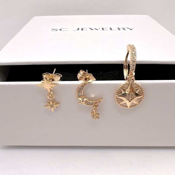 Star, Moon & North Star Hoop Earrings Trio | 18K Gold Plated Luxury Jewelry - Picture 2 of 9